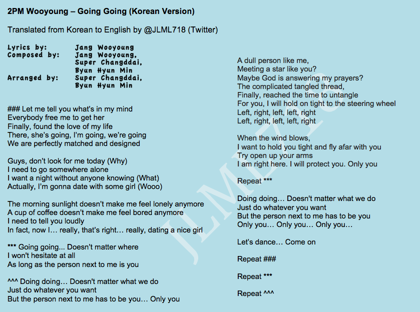 Lyrics Eng Trans 2pm Wooyoung I Like Quit Don T Act And Going Going In Jang Wooyoung S 2nd Mini Korean Album 18 Jlml718 2two Trees2
